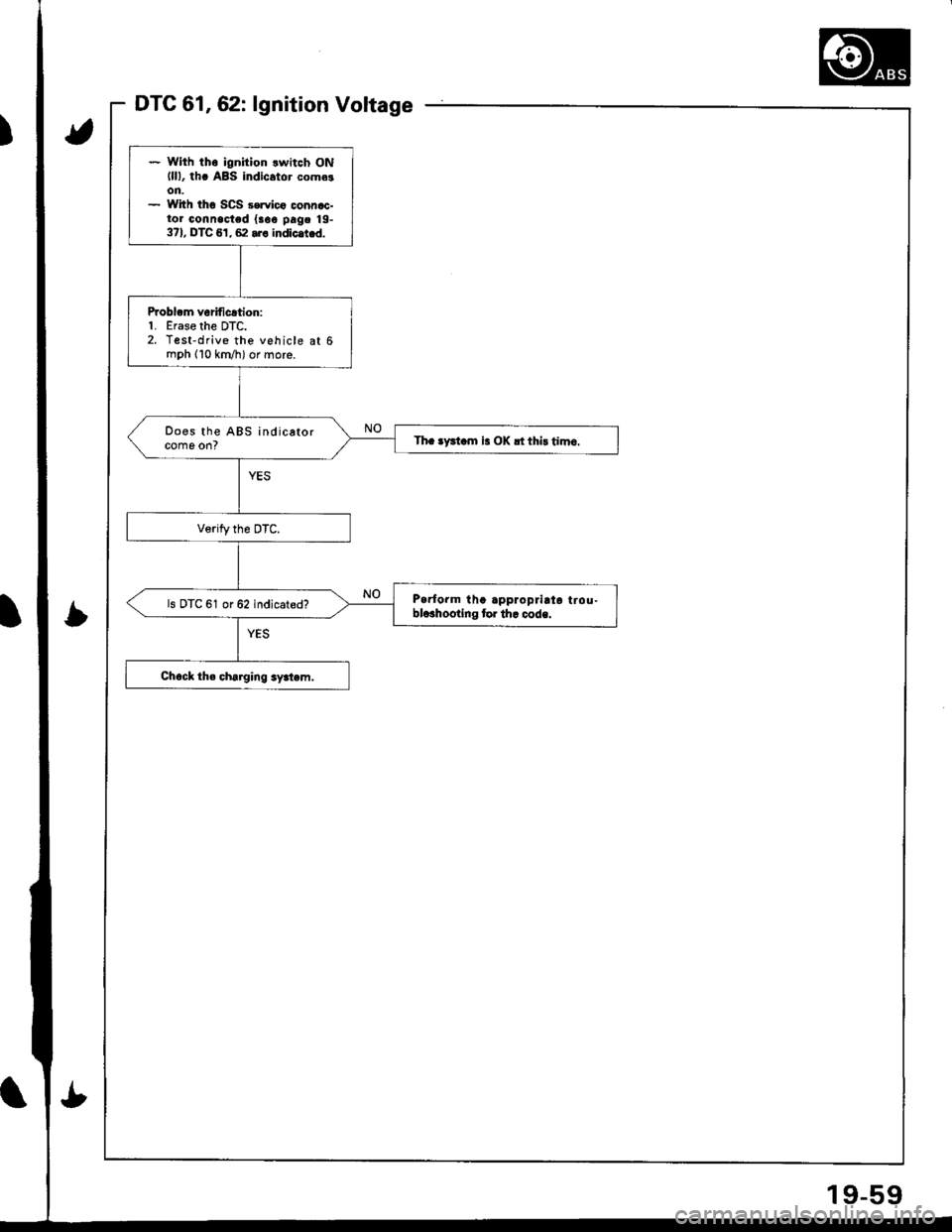 ACURA INTEGRA 1998  Service Repair Manual DTC 61,62: lgnition Voltage
* With th6 ignition lwitch ONlll), th. ABS indicator come!on.- With tho SCS 3ervico connac-tor connected {aoe pag. 19-371, DTC 61, 62 .r. indlc.t d.
Problcm veriticrtion:1.