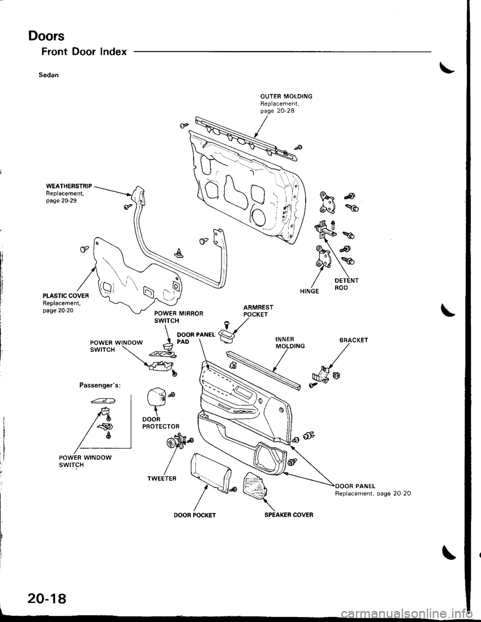 ACURA INTEGRA 1998  Service Repair Manual Doors
Front Door
Sedan
Index
Passengers:
FRo
d"J %
ARMRESTPOCKET
1,/
gIN NERMOLDING
r 6ld
tDOORPROTECTOB
@9.
//
/lTWEETEB
20-18
POWER WINDOWswtTcH
Replacement, page 20 20
DOOR POCKETSPEAKER COVER
 