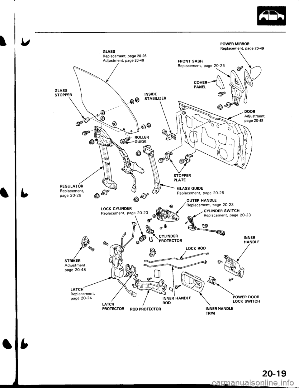 ACURA INTEGRA 1998  Service Repair Manual GLASSFeplacement, page 2026Adjustment, page 20-40
POWER MIRRORReplacement, page 20-49
oooRAdjustment,page 20-48
FBONT SASHReplacement, page 20 25
"oura---f\PANEL \.IJGLASSSTOPPER
@
REGULATORReplaceme