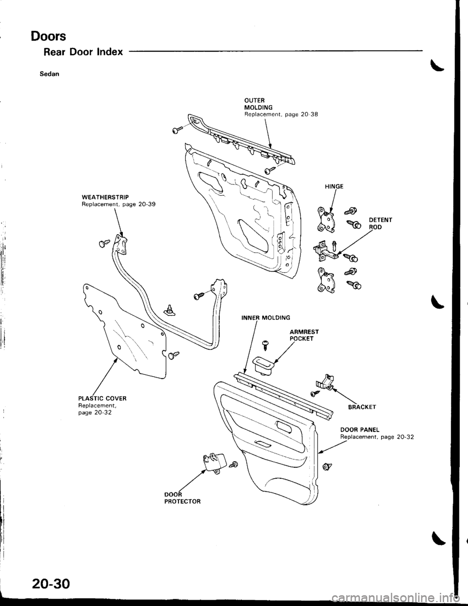 ACURA INTEGRA 1998  Service Repair Manual Doors
Rear Door Index
Sedan
HINGE
*/-
6,il % TuJo^
w<
k@
eil%
WEATHERSTRIPReplacement, page 20-39
Replacement,page 20-32
I
Replacement, page 20 38
)--
20-30 