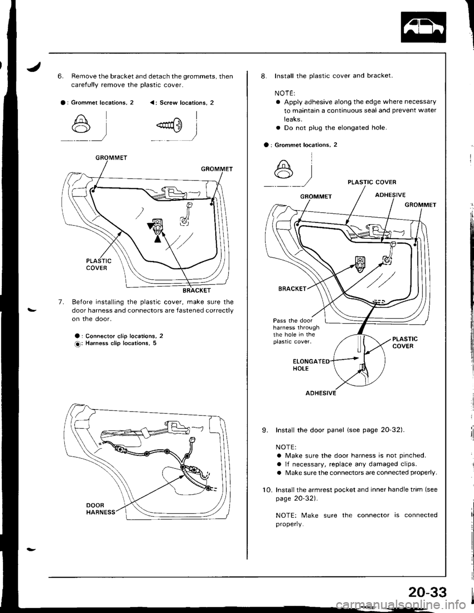 ACURA INTEGRA 1998 Service Repair Manual 6. Remove the bracket and detach the grommets, then
carefully remove the plastic cover.
a : Grommet locations, 2 <: Screw locations, 2
A
::)
I
@+) i
:)
7. Before installing the plastic cover, make sur ACURA INTEGRA 1998 Service Repair Manual 6. Remove the bracket and detach the grommets, then
carefully remove the plastic cover.
a : Grommet locations, 2 <: Screw locations, 2
A
::)
I
@+) i
:)
7. Before installing the plastic cover, make sur