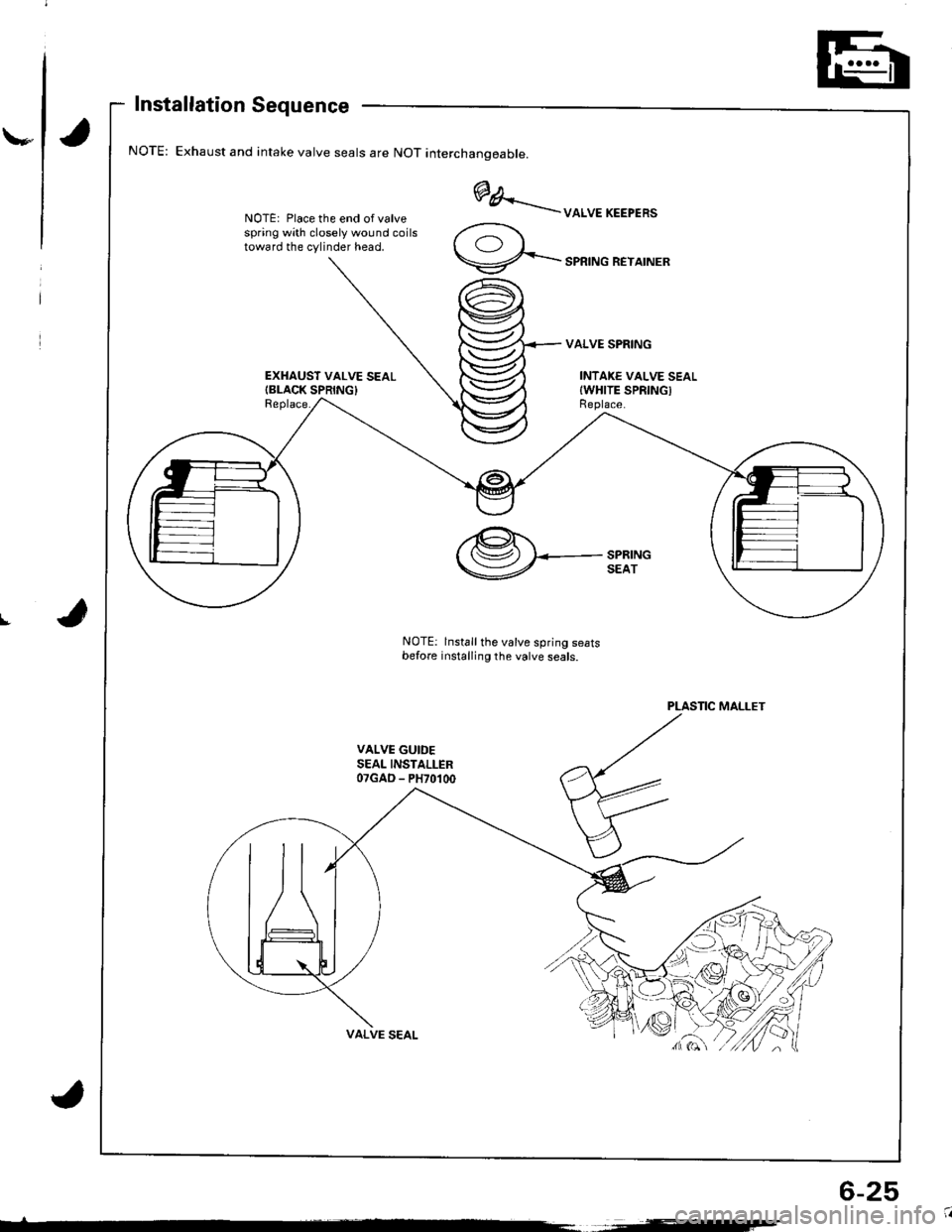 ACURA INTEGRA 1998  Service Repair Manual \-
Installation Sequence
Exhaust and intake valve seals are NOT interchanoeable.
NOTE: Place the end of valvespring with closely wound coilstoward the cylinder head.
EXHAUST VALVE SEALIBLACK SPRING}Re