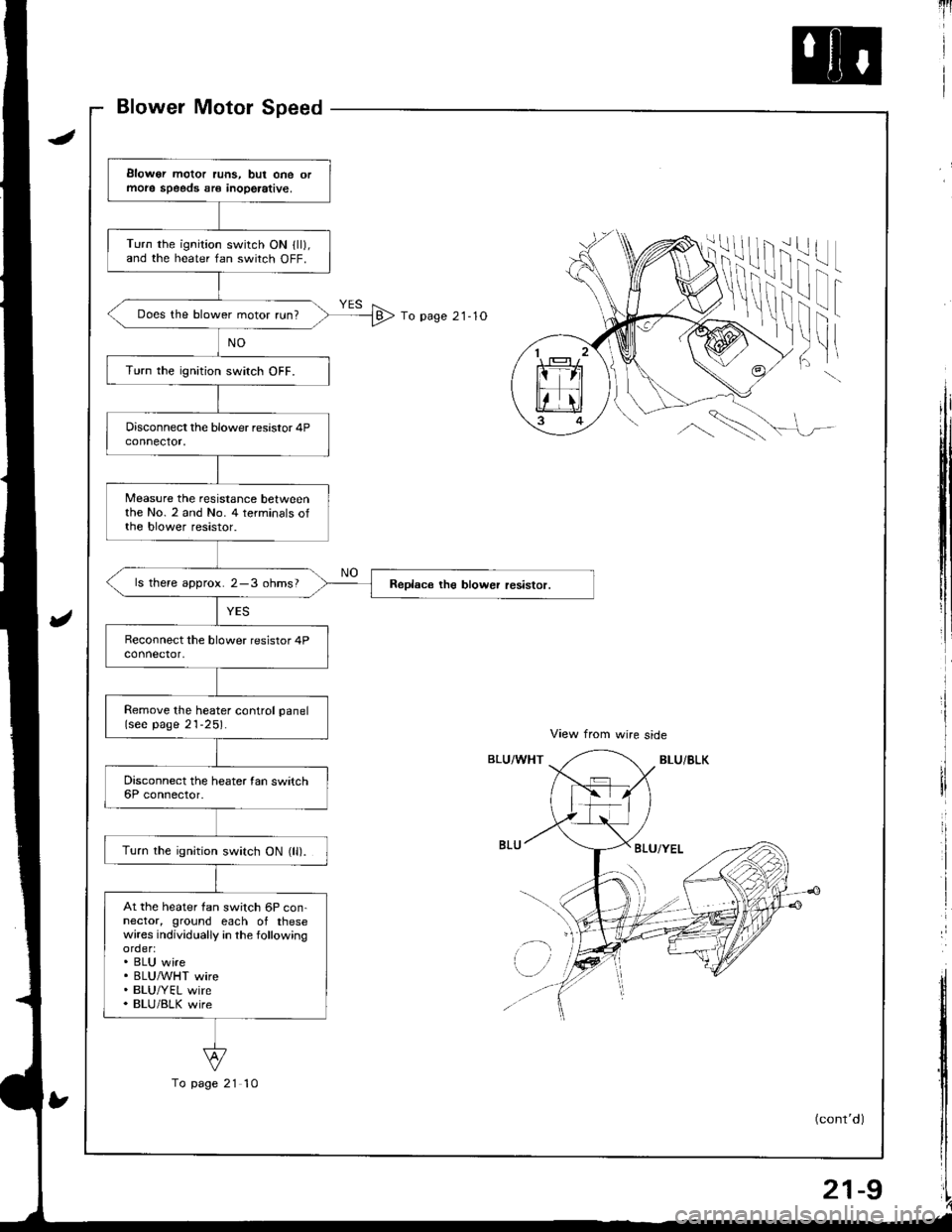 ACURA INTEGRA 1998  Service Repair Manual qrt
View from wire side
BLU/BLKBLU/WHT
1
To page 21- 1O
ii!
il! |
f 
tr
t
!
I
!I
tl
\\
BLU/YEL
lr
Elowor motor runs, but one ormole speeds sr€ inoperative,
Turn the ignition switch ON lll),and th