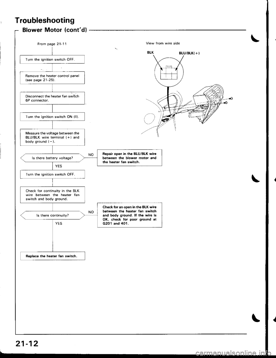 ACURA INTEGRA 1998  Service Repair Manual Troubleshooting
Blower Motor (contd)
From page 21-11\View from wire side
8LU/BLK( + I
Turn the ignition switch OFF.
Remove the heater control panel(see page 21-25).
Turn the ignition switch ON lll).
