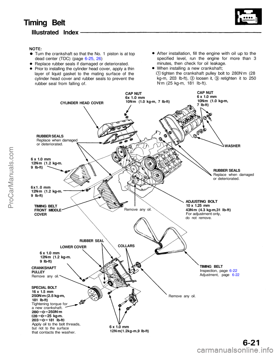 ACURA NSX 1991  Service Repair Manual 
Remove any oil.
TIMING BELT

Inspection, page 6-22

Adjustment, page 6-22

6 x 1.0 mm
 12N .
m(1.2kg-m,9 Ib-ft)
Timing Belt
Illustrated Index
Turn the crankshaft so that the No. 1 piston is at top
de