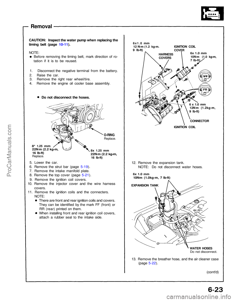 ACURA NSX 1991 Service Repair Manual
13. Remove the breather hose, and the air cleaner case
(page 5-22).
(cont'd)
WATER HOSES
Do not disconnect.
EXPANSION TANK
12. Remove the expansion tank.
NOTE: Do not disconnect water hoses.
ACURA NSX 1991 Service Repair Manual
13. Remove the breather hose, and the air cleaner case
(page 5-22).
(cont'd)
WATER HOSES
Do not disconnect.
EXPANSION TANK
12. Remove the expansion tank.
NOTE: Do not disconnect water hoses.