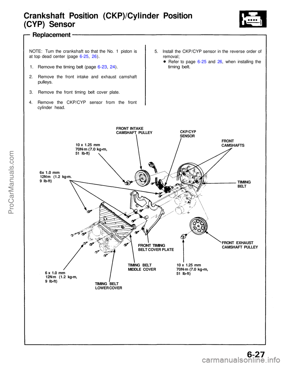 ACURA NSX 1991  Service Repair Manual 
Crankshaft Position (CKP)/Cylinder Position
(CYP) Sensor
NOTE: Turn the crankshaft so that the No. 1 piston is
at top dead center (page 6-25, 26).

1. Remove the timing belt (page 6-23, 24).

2. Remo