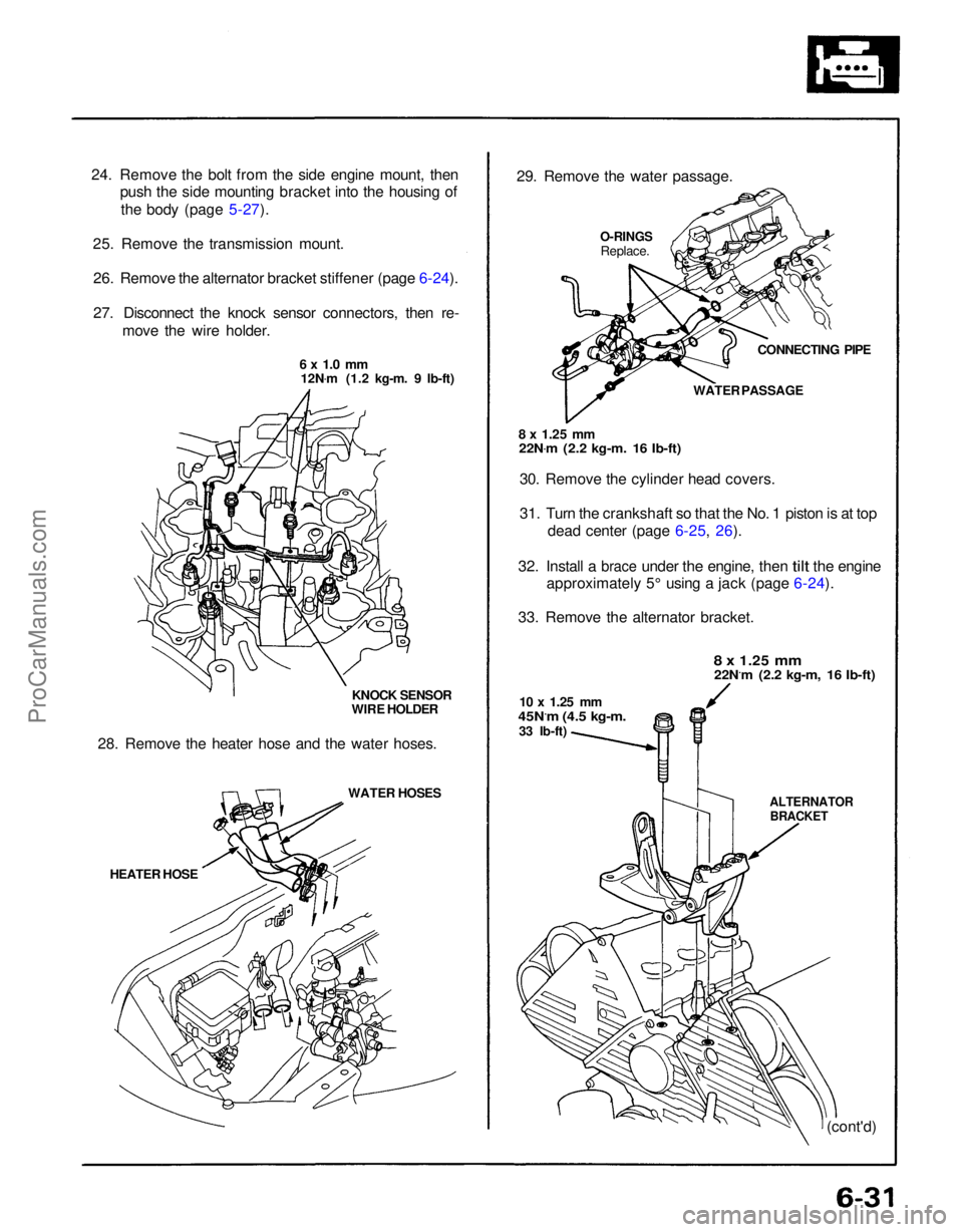 ACURA NSX 1991  Service Repair Manual 
(cont'd)
29. Remove the water passage.

O-RINGS
Replace.
CONNECTING PIPE
WATER PASSAGE

8 x
 1.25
 mm
 22N .
m (2.2 kg-m. 16 Ib-ft)

30. Remove the cylinder head covers.
31. Turn the crankshaft s