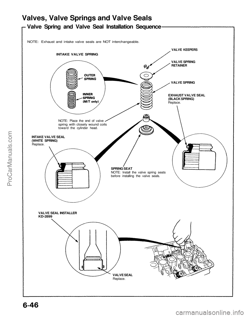 ACURA NSX 1991  Service Repair Manual 
Valves, Valve Springs and Valve Seals

Valve Spring and Valve Seal Installation Sequence

NOTE: Exhaust and intake valve seals are NOT interchangeable.

INTAKE VALVE SPRING

NOTE: Place the end of va