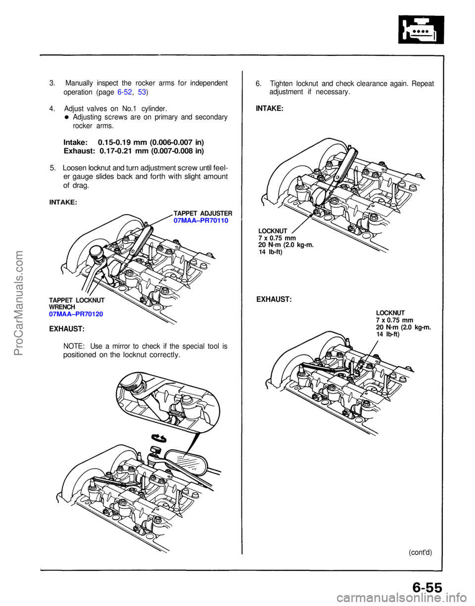 ACURA NSX 1991  Service Repair Manual 
(cont'd)
LOCKNUT

7 x
 0.75
 mm

20 N
.
m
 (2.0 kg-m.
14 Ib-ft)
LOCKNUT

7 x
 0.75
 mm

20 N .
m
 (2.0 kg-m.
14 Ib-ft)
EXHAUST:
6. Tighten locknut and check clearance again. Repeat
adjustment if 