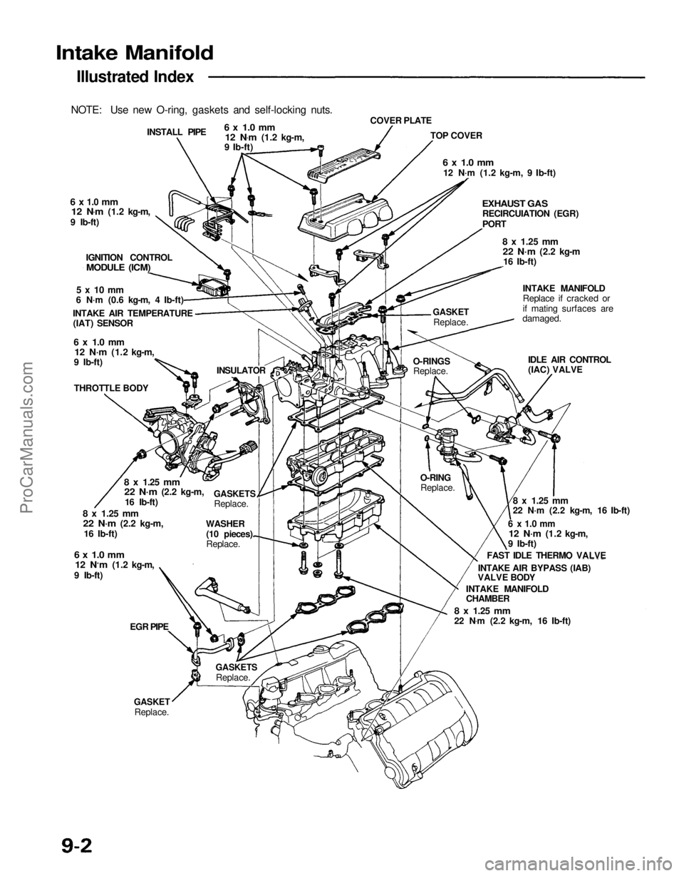 ACURA NSX 1991  Service Repair Manual 
Intake Manifold

Illustrated Index
NOTE: Use new O-ring, gaskets and self-locking nuts. INSTALL PIPE
 6 x 1.0 mm

12 N .
m
 (1.2 kg-m,
9 Ib-ft)

6 x
 1.0
 mm
 12 N .
m
 (1.2 kg-m,
9 Ib-ft)
IGNITION C