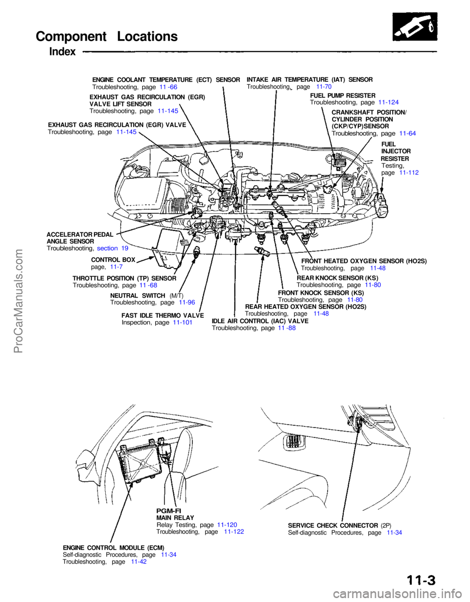 ACURA NSX 1991  Service Repair Manual Component Locations

Index

ENGINE COOLANT TEMPERATURE (ECT) SENSOR

Troubleshooting, page 11 -66
 INTAKE AIR TEMPERATURE (IAT) SENSOR
Troubleshooting, page 11-70
FUEL PUMP RESISTER

Troubleshooting, 
