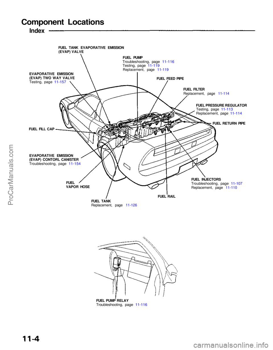 ACURA NSX 1991  Service Repair Manual 
Component Locations

Index
FUEL TANK EVAPORATIVE EMISSION(EVAP) VALVE
EVAPORATIVE EMISSION (EVAP) TWO WAY VALVE

Testing, page 11-157
 FUEL PUMP

Troubleshooting, page 11-116
 Testing, page 11-119

R