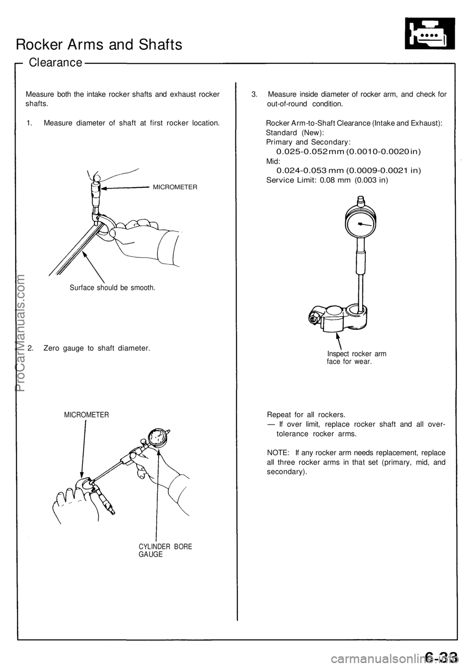 ACURA NSX 1991  Service Repair Manual Rocker Arm s an d Shaft s
Clearanc e
Measure bot h th e intak e rocke r shaft s an d exhaus t rocke r
shafts .
1 . Measur e diamete r o f shaf t a t firs t rocke r location .
MICROMETE R
Surface shoul