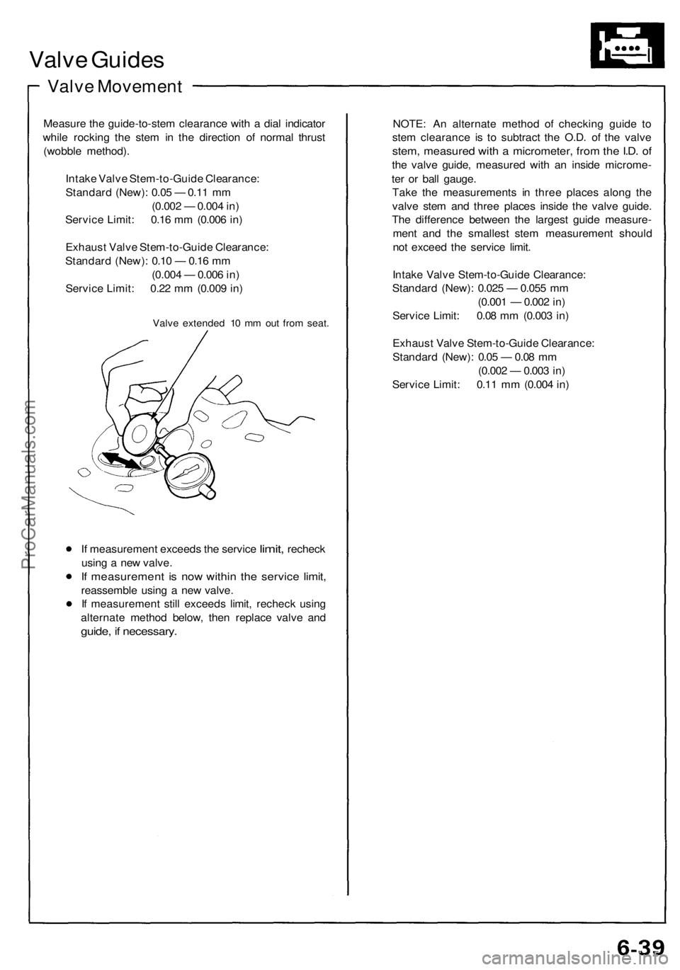 ACURA NSX 1991  Service Repair Manual 
Valve Guides

Valve Movement

Measure the guide-to-stem clearance with a dial indicator

while rocking the stem in the direction of normal thrust

(wobble method).

Intake Valve Stem-to-Guide Clearan
