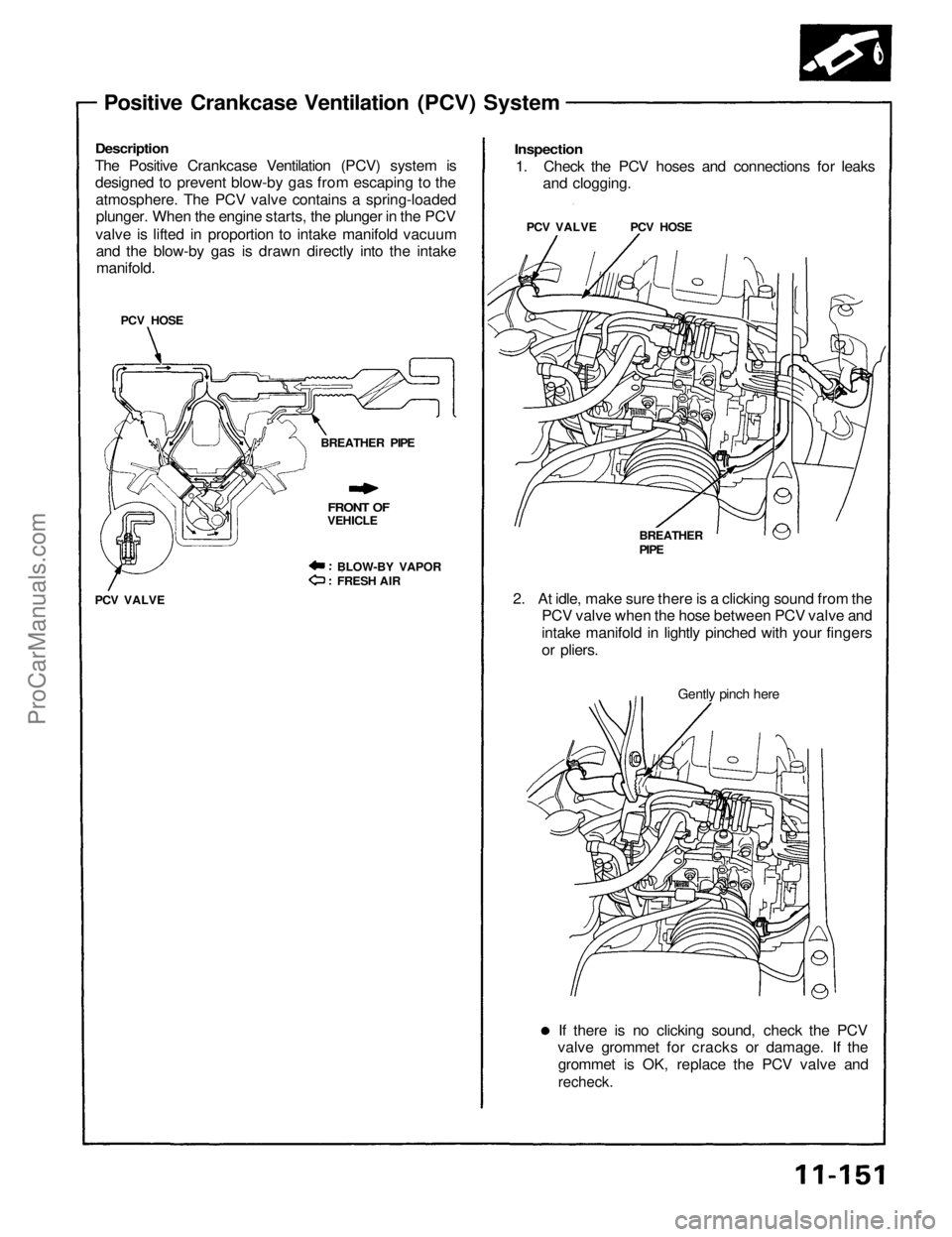 ACURA NSX 1991  Service Repair Manual 
Positive Crankcase Ventilation (PCV) System

Description

The Positive Crankcase Ventilation (PCV) system is

designed to prevent blow-by gas from escaping to the

atmosphere. The PCV valve contains 