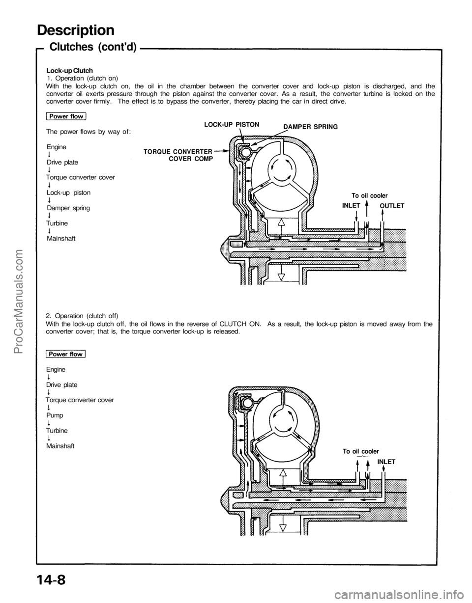 ACURA NSX 1991  Service Repair Manual 
Description

Clutches (cont'd)

Lock-up Clutch

1. Operation (clutch on)

With the lock-up clutch on, the oil in the chamber between the converter cover and lock-up piston is discharged, and the
