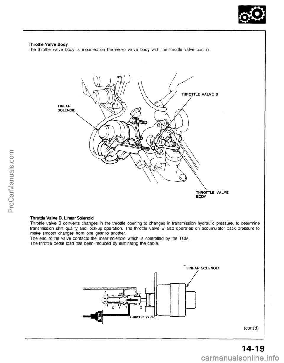 ACURA NSX 1991  Service Repair Manual 
Throttle Valve Body

The throttle valve body is mounted on the servo valve body with the throttle valve built in.

LINEAR

SOLENOID 
THROTTLE VALVE B

THROTTLE VALVE

BODY

Throttle Valve B, Linear S