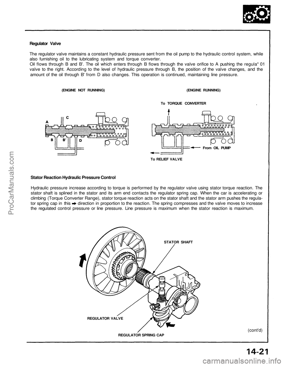 ACURA NSX 1991  Service Repair Manual 
Regulator Valve

The regulator valve maintains a constant hydraulic pressure sent from the oil pump to the hydraulic control system, while

also furnishing oil to the lubricating system and torque co