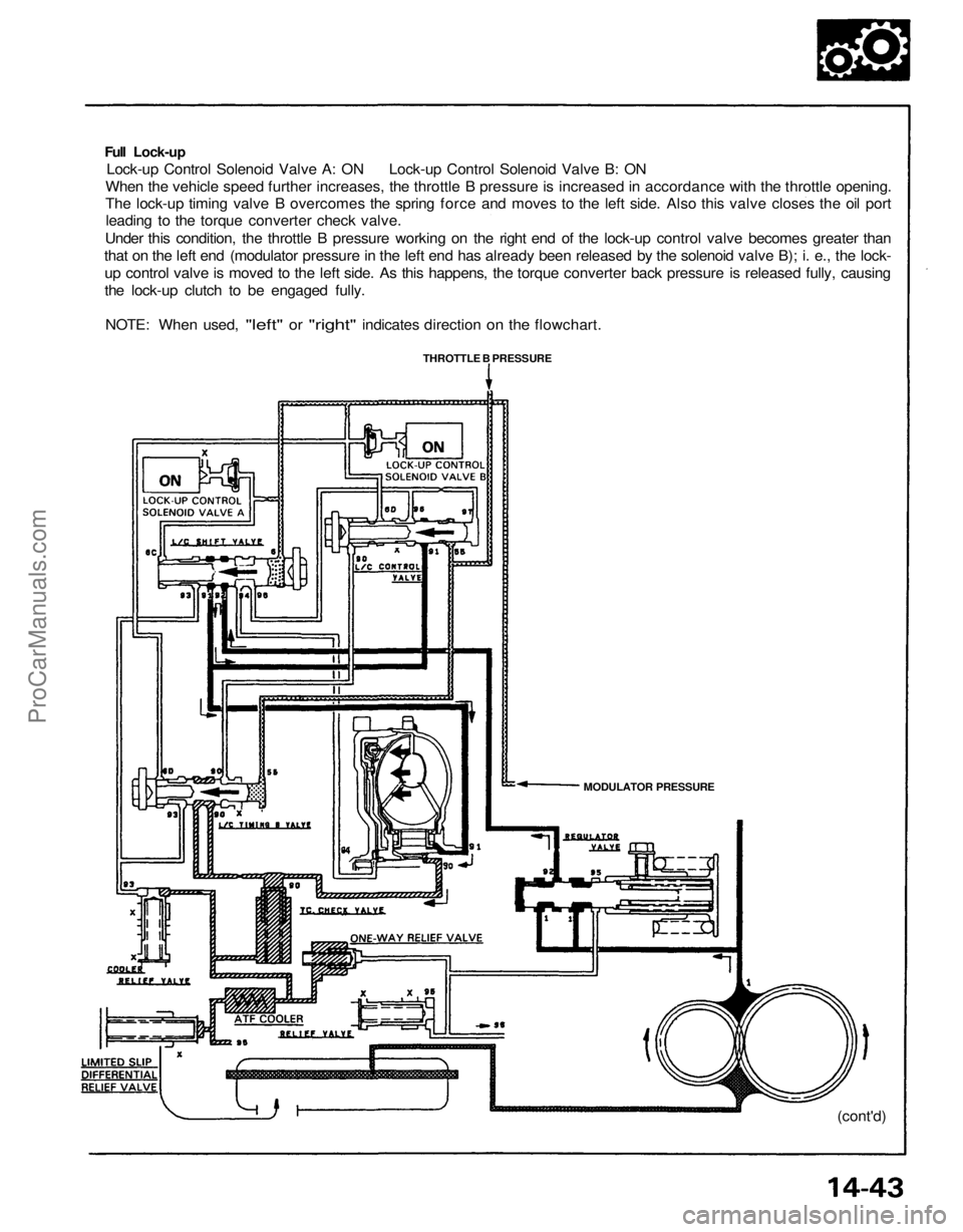 ACURA NSX 1991  Service Repair Manual 
Full Lock-up

Lock-up Control Solenoid Valve A: ON Lock-up Control Solenoid Valve B: ON

When the vehicle speed further increases, the throttle B pressure is increased in accordance with the throttle