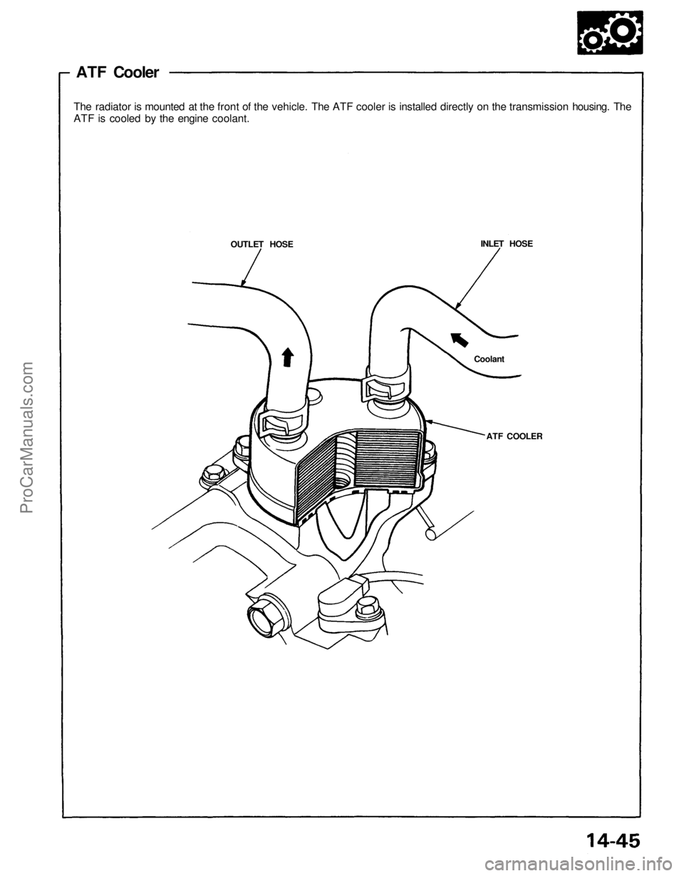 ACURA NSX 1991  Service Repair Manual 
ATF Cooler

The radiator is mounted at the front of the vehicle. The ATF cooler is installed directly on the transmission housing. The

ATF is cooled by the engine coolant.

OUTLET HOSE 
INLET HOSE

