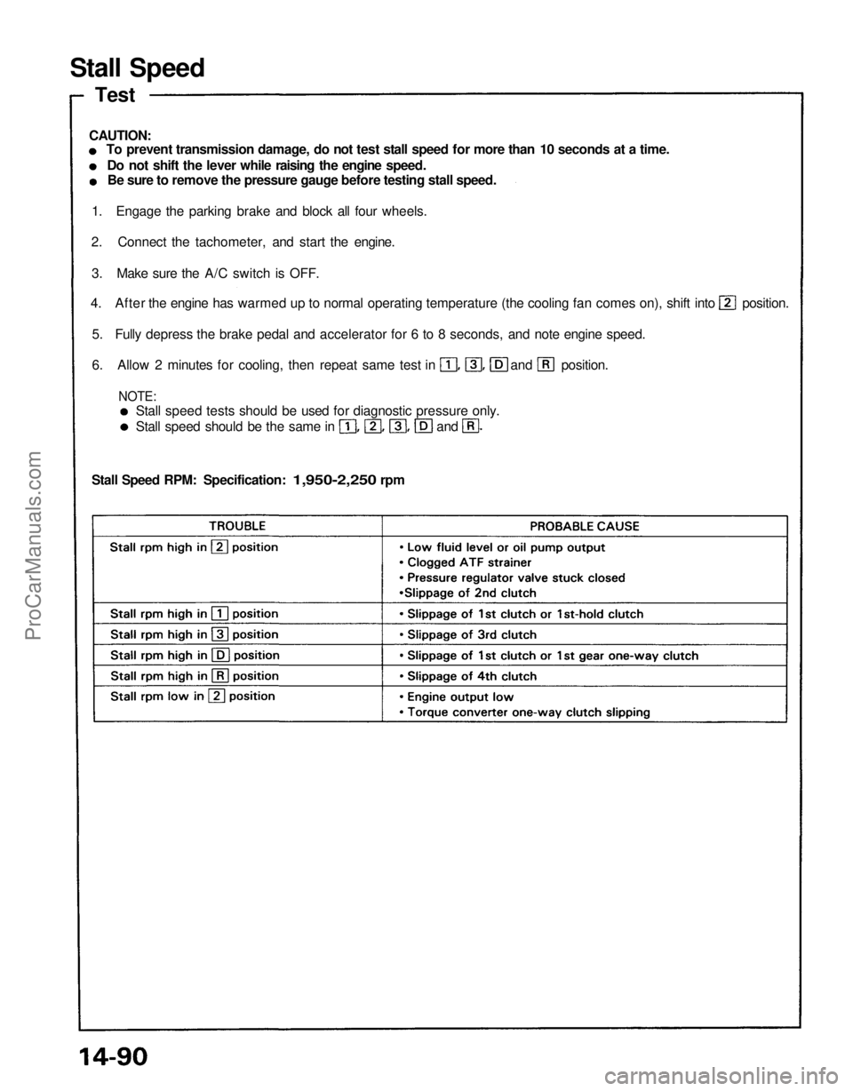 ACURA NSX 1991  Service Repair Manual 
Stall Speed

Test

CAUTION:

To prevent transmission damage, do not test stall speed for more than 10 seconds at a time.

Do not shift the lever while raising the engine speed.

Be sure to remove the