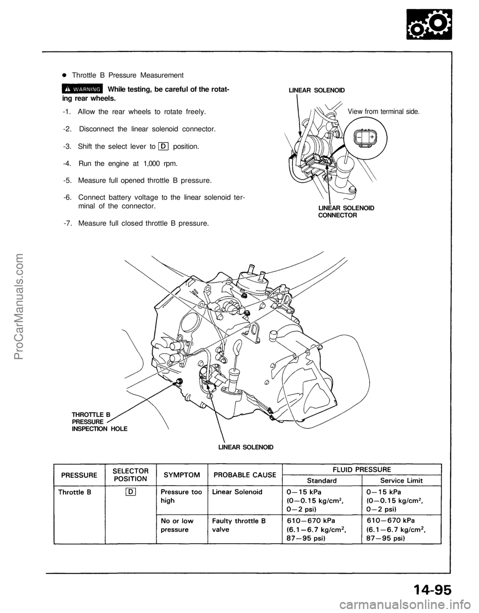 ACURA NSX 1991  Service Repair Manual 
LINEAR SOLENOID
THROTTLE B

INSPECTION HOLE 
LINEAR SOLENOID

CONNECTOR 
View from terminal side.
LINEAR SOLENOID
Throttle B Pressure Measurement

While testing, be careful of the rotat-

ing rear wh