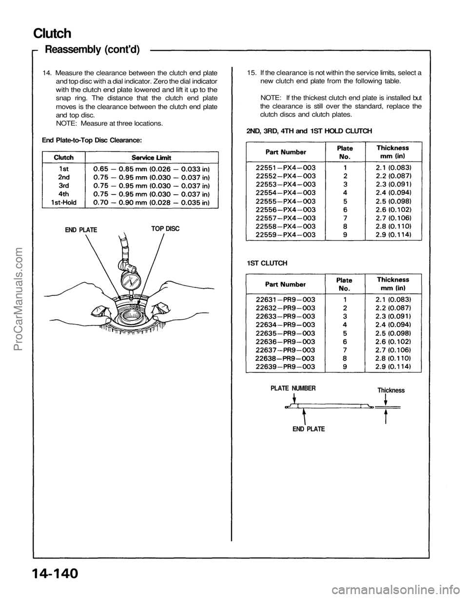ACURA NSX 1991  Service Repair Manual 
Clutch

Reassembly (cont'd)

14. Measure the clearance between the clutch end plate

and top disc with a dial indicator. Zero the dial indicator

with the clutch end plate lowered and lift it up 