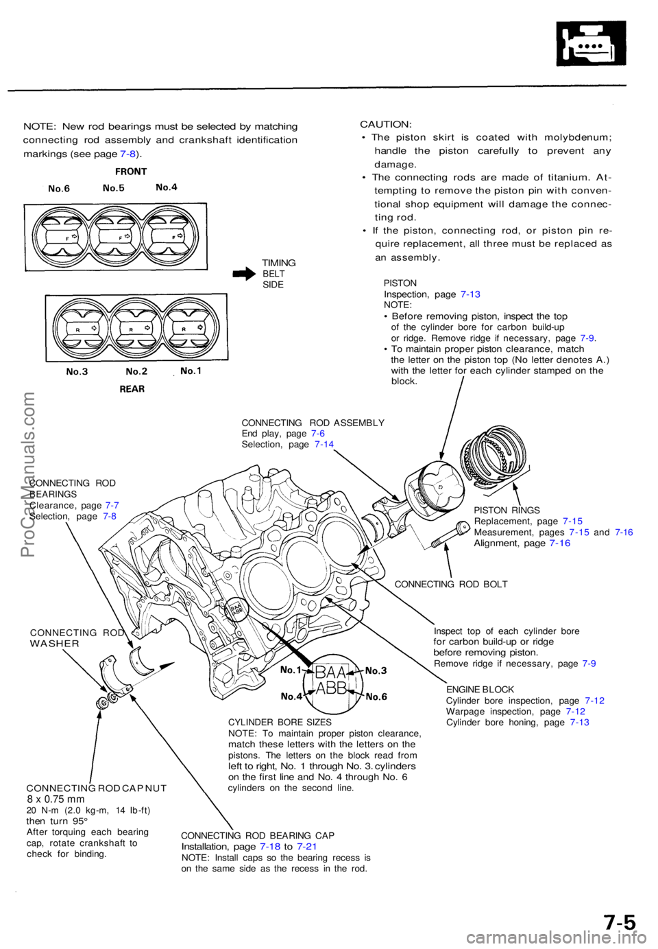 ACURA NSX 1991  Service Repair Manual NOTE: Ne w ro d bearing s mus t b e selecte d b y matchin g
connectin g ro d assembl y an d crankshaf t identificatio n
markings (se e pag e 7-8 ).
TIMIN GBELTSIDE
CAUTION :
• Th e pisto n skir t i 