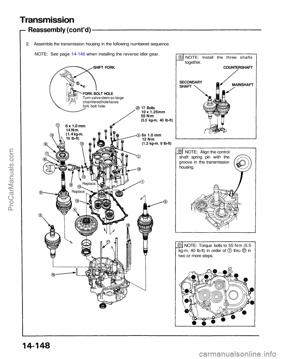 ACURA NSX 1991  Service Repair Manual 
NOTE: Torque bolts to 55 N
.
m (5.5 kg-m, 40 Ib-ft) in order of thru in
two or more steps. NOTE: Align the control
shaft spring pin with the
groove in the transmission housing.

6x 1.0 mm

12 N .
m

