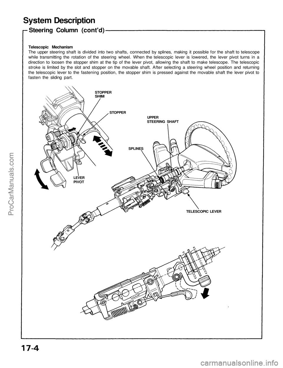 ACURA NSX 1991  Service Repair Manual 
System Description

Steering Column (cont'd)

Telescopic Mechanism

The upper steering shaft is divided into two shafts, connected by splines, making it possible for the shaft to telescope

while