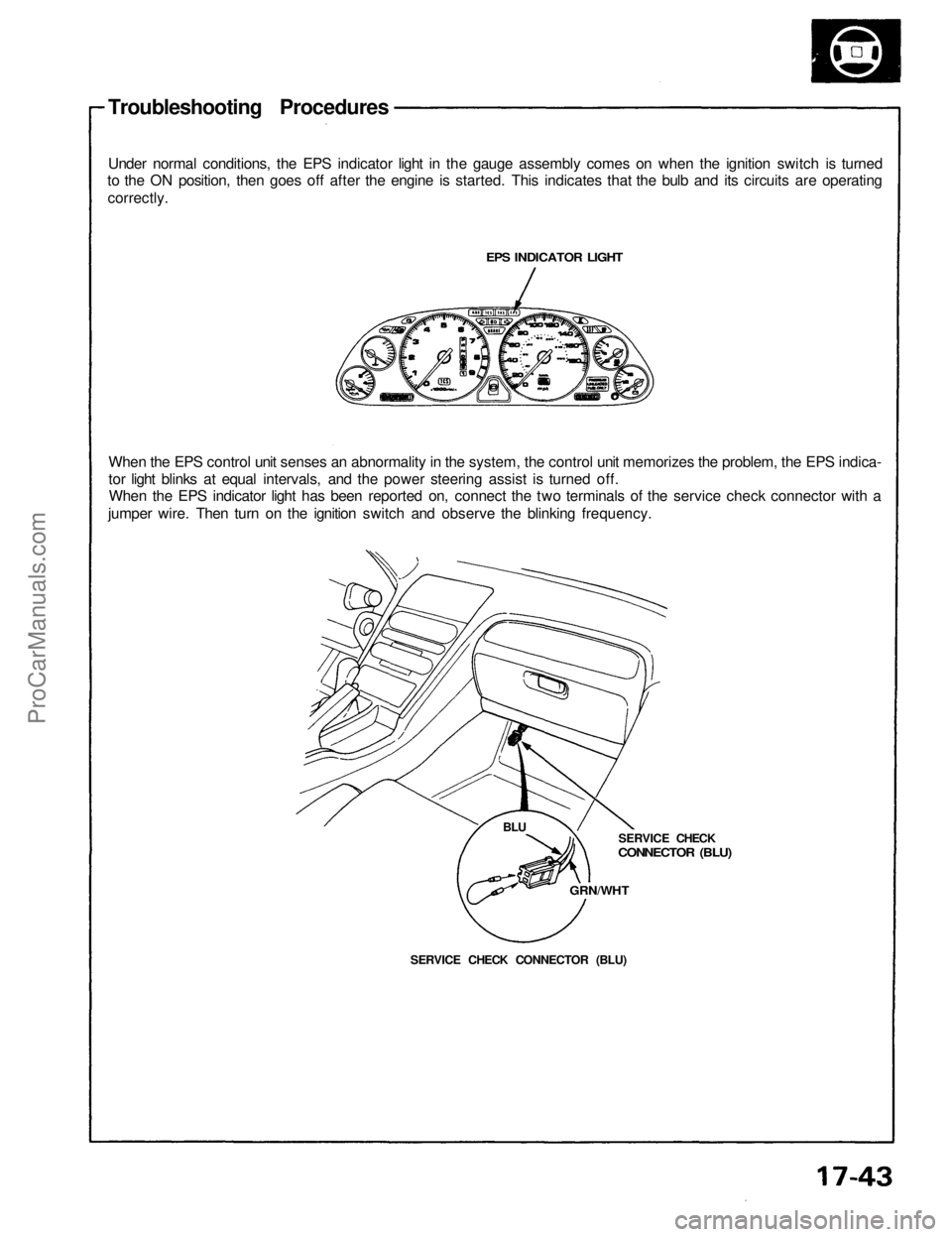 ACURA NSX 1991  Service Repair Manual 
Troubleshooting Procedures

Under normal conditions, the EPS indicator light in the gauge assembly comes on when the ignition switch is turned

to the ON position, then goes off after the engine is s