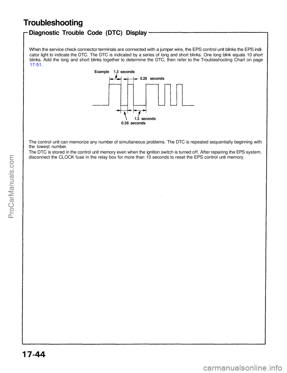 ACURA NSX 1991  Service Repair Manual 
Troubleshooting

Diagnostic Trouble Code (DTC) Display

When the service check connector terminals are connected with a jumper wire, the EPS control unit blinks the EPS indi-
cator light to indicate 