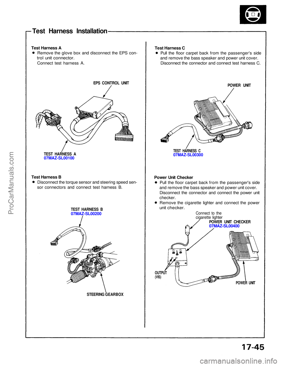 ACURA NSX 1991  Service Repair Manual 
Test Harness Installation
Test Harness A

EPS CONTROL UNIT
TEST HARNESS A

07MAZ-SL00100

Test Harness B

TEST HARNESS B

07MAZ-SL00200

STEERING GEARBOX
 Test Harness C

POWER UNIT
TEST HARNESS C
07