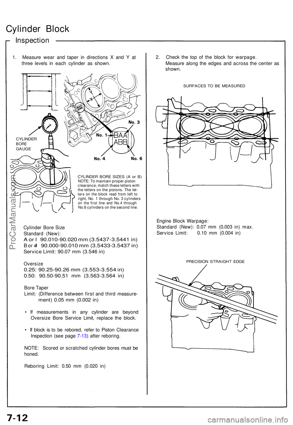 ACURA NSX 1991  Service Repair Manual Cylinder Bloc k
Inspectio n
1. Measur e wea r an d tape r i n direction s X  an d Y  at
thre e level s i n eac h cylinde r a s shown .
CYLINDE R BOR E SIZE S ( A o r B )NOTE : T o maintai n prope r pi
