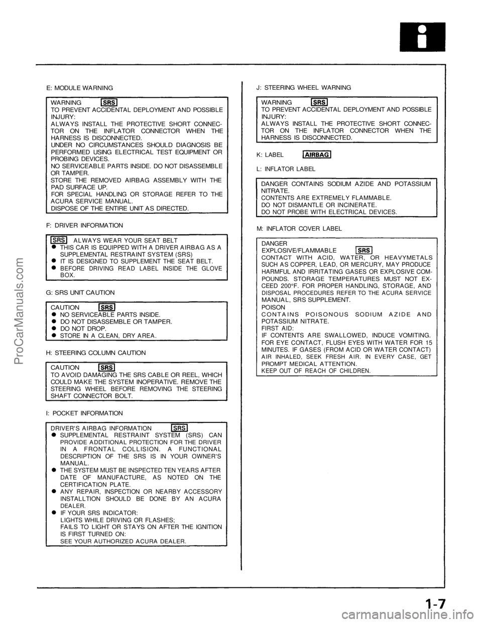 ACURA NSX 1991  Service Repair Manual 
E: MODULE WARNING 
J: STEERING WHEEL WARNING

WARNING

TO PREVENT ACCIDENTAL DEPLOYMENT AND POSSIBLE

INJURY:

ALWAYS INSTALL THE PROTECTIVE SHORT CONNEC-

TOR ON THE INFLATOR CONNECTOR WHEN THE

HAR