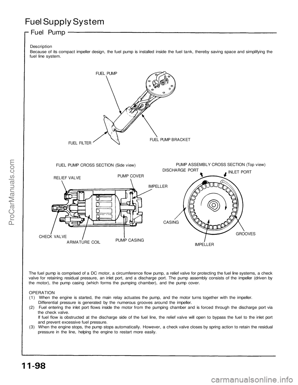 ACURA NSX 1991  Service Repair Manual 
Fuel Supply System

Fuel Pump

Description

Because of its compact impeller design, the fuel pump is installed inside the fuel tank, thereby saving space and simplifying the

fuel line system.

FUEL 