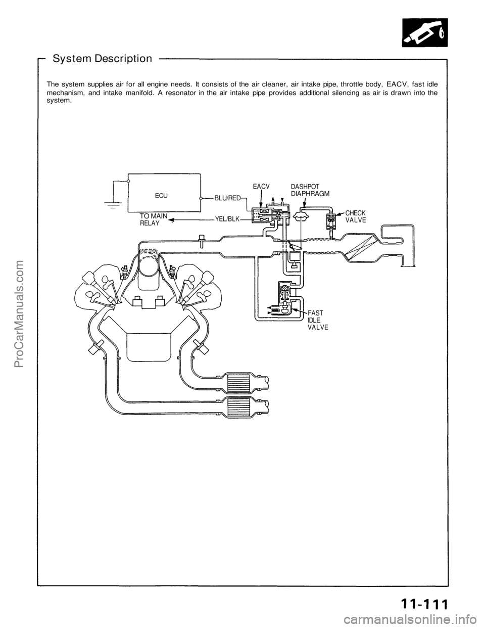 ACURA NSX 1991  Service Repair Manual 
System Description

The system supplies air for all engine needs. It consists of the air cleaner, air intake pipe, throttle body, EACV, fast idle

mechanism, and intake manifold. A resonator in the a