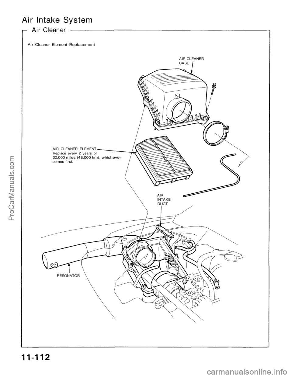 ACURA NSX 1991  Service Repair Manual 
Air Intake System

Air Cleaner

Air Cleaner Element Replacement

AIR CLEANER

CASE

AIR CLEANER ELEMENT

Replace every 2 years of

30,000 miles (48,000 km), whichever

comes first.

AIR

INTAKE

DUCT
