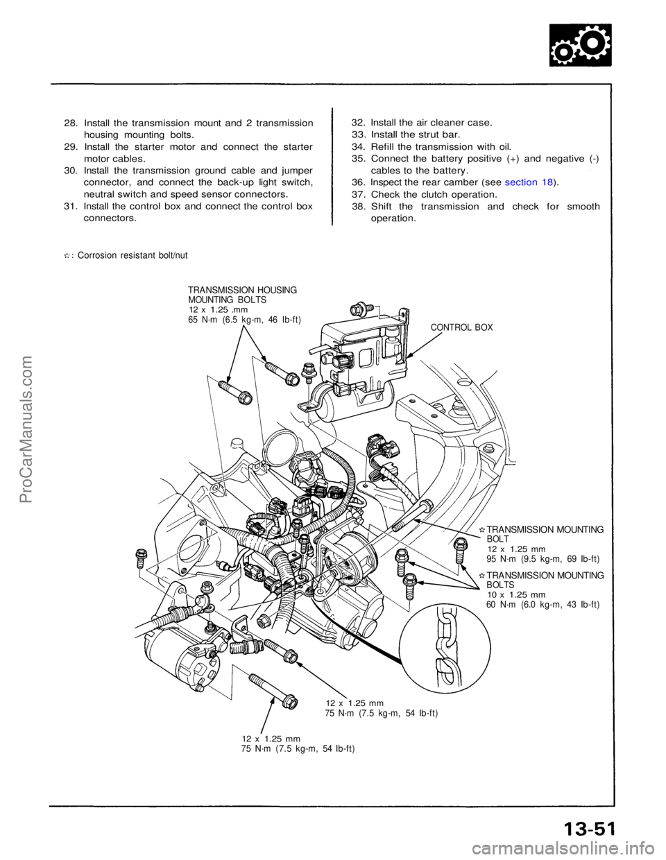 ACURA NSX 1991  Service Repair Manual 
28. Install the transmission mount and 2 transmission
housing mounting bolts.
29. Install the starter motor and connect the starter motor cables.
30. Install the transmission ground cable and jumper 