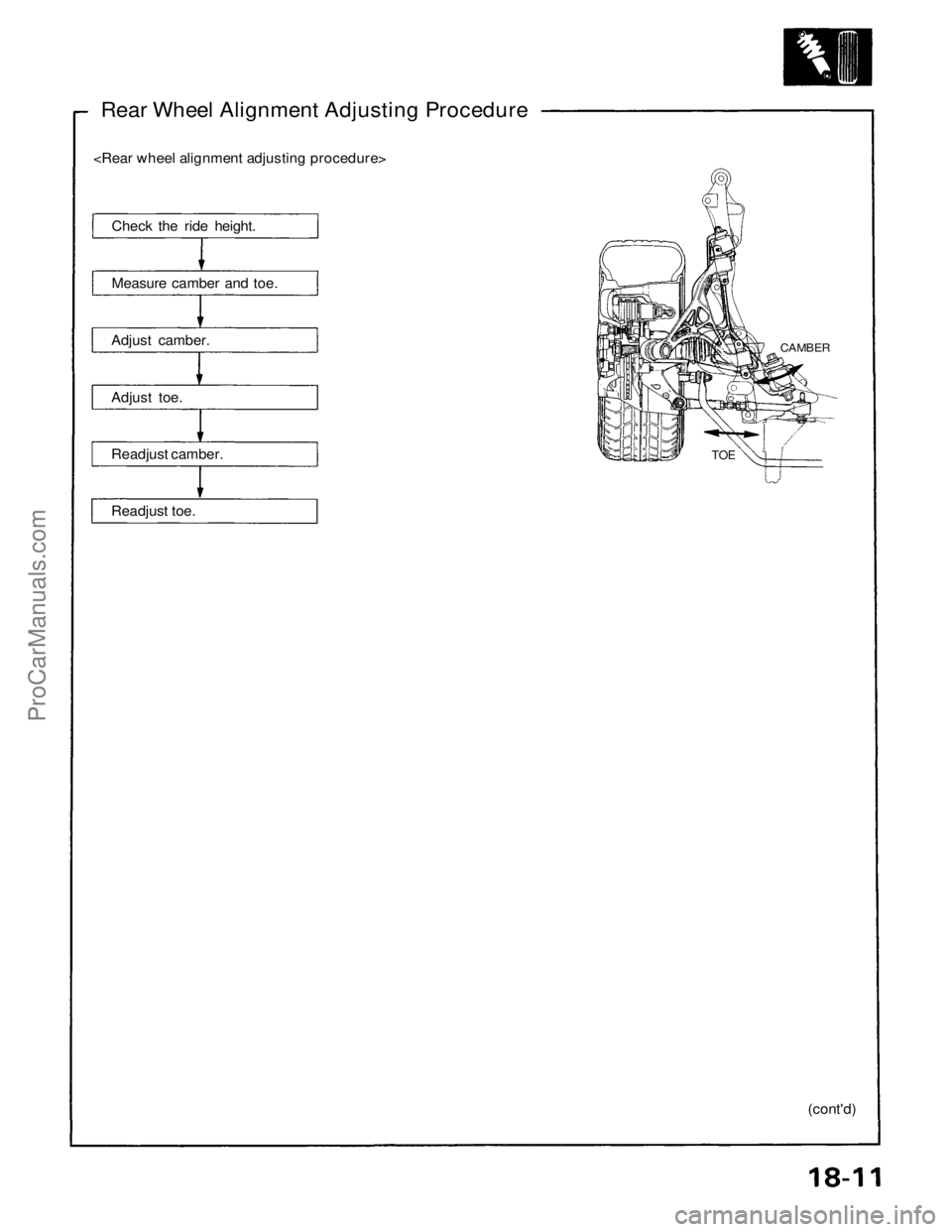 ACURA NSX 1991  Service Repair Manual 
Rear Wheel Alignment Adjusting Procedure

<Rear wheel alignment adjusting procedure>

Check the ride height.

Measure camber and toe.

Adjust camber.

Adjust toe.

Readjust camber.

Readjust toe. 
CA