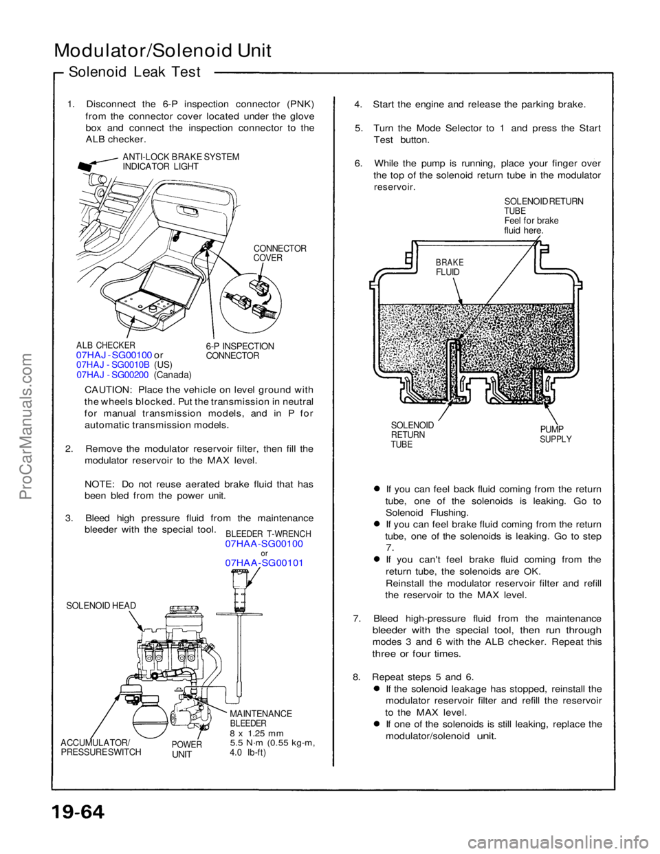 ACURA NSX 1991  Service Repair Manual 
Modulator/Solenoid Unit

Solenoid Leak Test

1. Disconnect the 6-P inspection connector (PNK) from the connector cover located under the glovebox and connect the inspection connector to the
ALB check