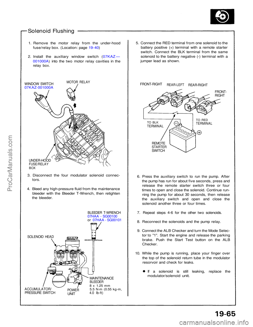 ACURA NSX 1991  Service Repair Manual 
Solenoid Flushing
1. Remove the motor relay from the under-hood fuse/relay box. (Location: page 19 - 40)
2. Install the auxiliary window switch (07KAZ — 001000A) into the two motor relay cavities i