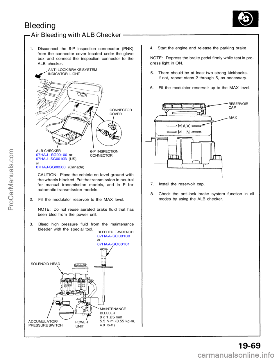 ACURA NSX 1991  Service Repair Manual 
Bleeding

Air Bleeding with ALB Checker
1. Disconnect the 6-P inspection connecotor (PNK) from the connector cover located under the glovebox and connect the inspection connector to the
ALB checker.
