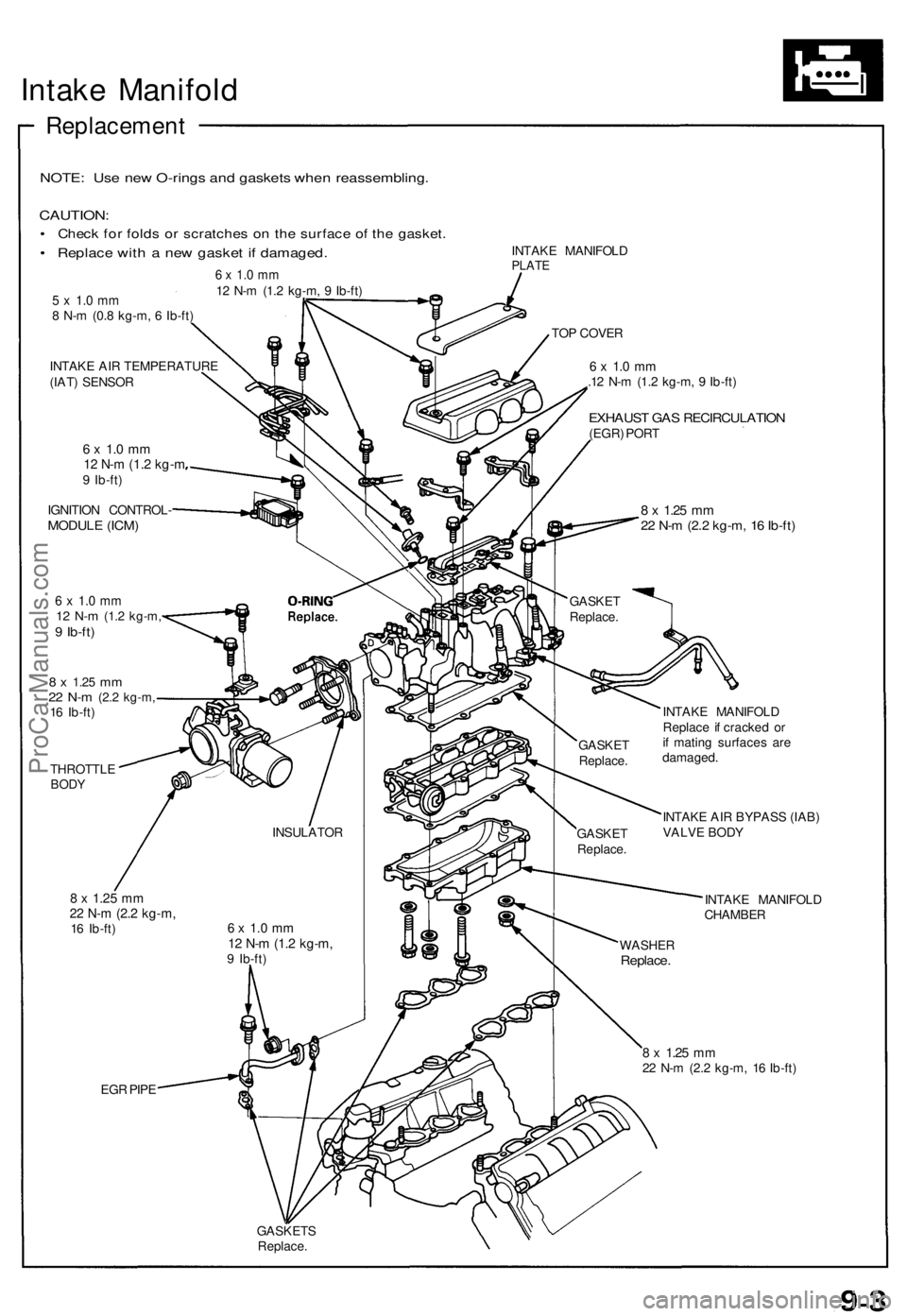 ACURA NSX 1991  Service Repair Manual Intake Manifol d
Replacemen t
NOTE: Us e ne w O-ring s an d gasket s whe n reassembling .
CAUTION:
• Chec k fo r fold s o r scratche s o n th e surfac e o f th e gasket .
• Replac e wit h a  ne w 
