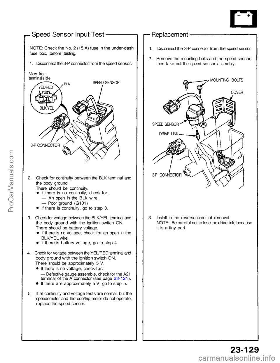 ACURA NSX 1991  Service Repair Manual — Defective gauge assemble, check for the A21
Speed Sensor Input Test

NOTE
:
 Check the No. 2 (15 A) fuse in the under-dash


fuse box, before testing.
1. Disconnect the 3-P connector from the spee