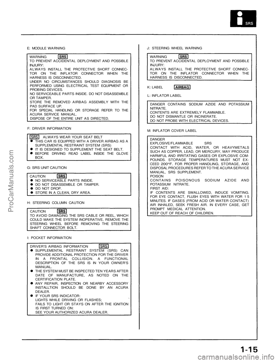 ACURA NSX 1991  Service Repair Manual 
E: MODULE WARNING

WARNING

TO PREVENT ACCIDENTAL DEPLOYMENT AND POSSIBLE

INJURY:

ALWAYS INSTALL THE PROTECTIVE SHORT CONNEC-

TOR ON THE INFLATOR CONNECTOR WHEN THE

HARNESS IS DISCONNECTED.

UNDE