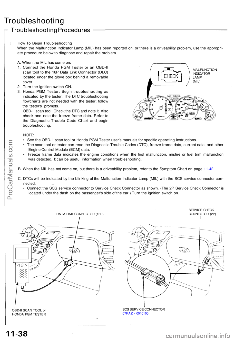 ACURA NSX 1991  Service Repair Manual Troubleshooting
Troubleshooting Procedure s
I.  Ho w T o Begi n Troubleshootin g
Whe n th e Malfunctio n Indicato r Lam p (MIL ) ha s bee n reporte d on , o r ther e is a  driveabilit y problem , us e