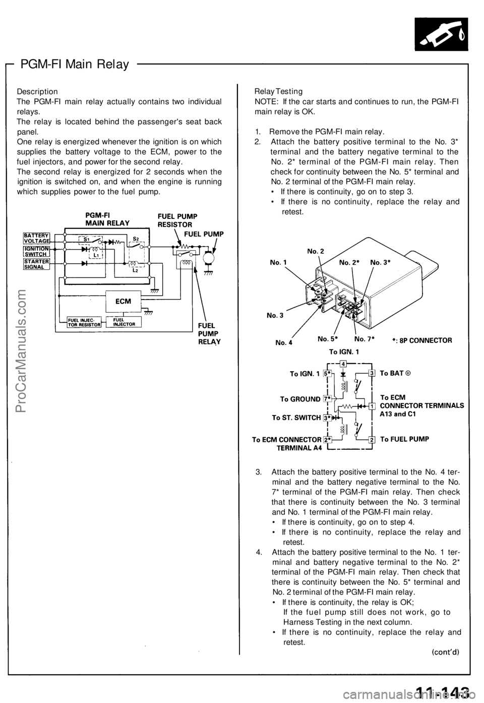 ACURA NSX 1991 Service Repair Manual PGM-FI Mai n Rela y
Descriptio n
Th e PGM-F I mai n rela y actuall y contain s tw o individua l
relays .
Th e rela y i s locate d behin d th e passenger' s sea t bac k
panel .
On e rela y i s ener ACURA NSX 1991 Service Repair Manual PGM-FI Mai n Rela y
Descriptio n
Th e PGM-F I mai n rela y actuall y contain s tw o individua l
relays .
Th e rela y i s locate d behin d th e passenger' s sea t bac k
panel .
On e rela y i s ener