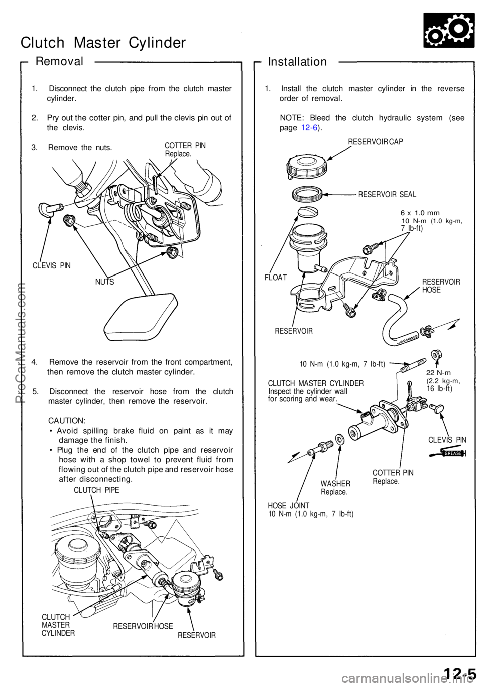 ACURA NSX 1991  Service Repair Manual Clutch Maste r Cylinde r
Removal
1. Disconnec t th e clutc h pip e fro m th e clutc h maste r
cylinder .
2. Pr y ou t th e cotte r pin , an d pul l th e clevi s pi n ou t o f
the clevis .
3 . Remov e 